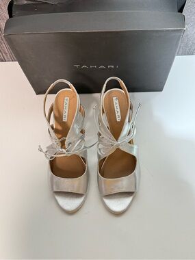 Tahari Silver Metallic Lace-Up Open Toe Heels
